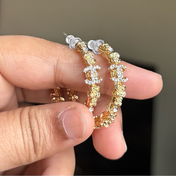 Gold Women's Hoop Earrings with Rhinestones - Picture 4 of 6